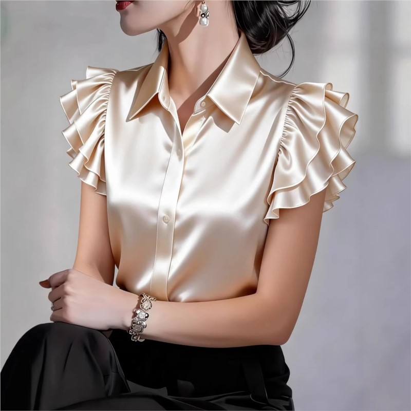 Silk Blouse Button - Chemisier décontracté à volants et manches