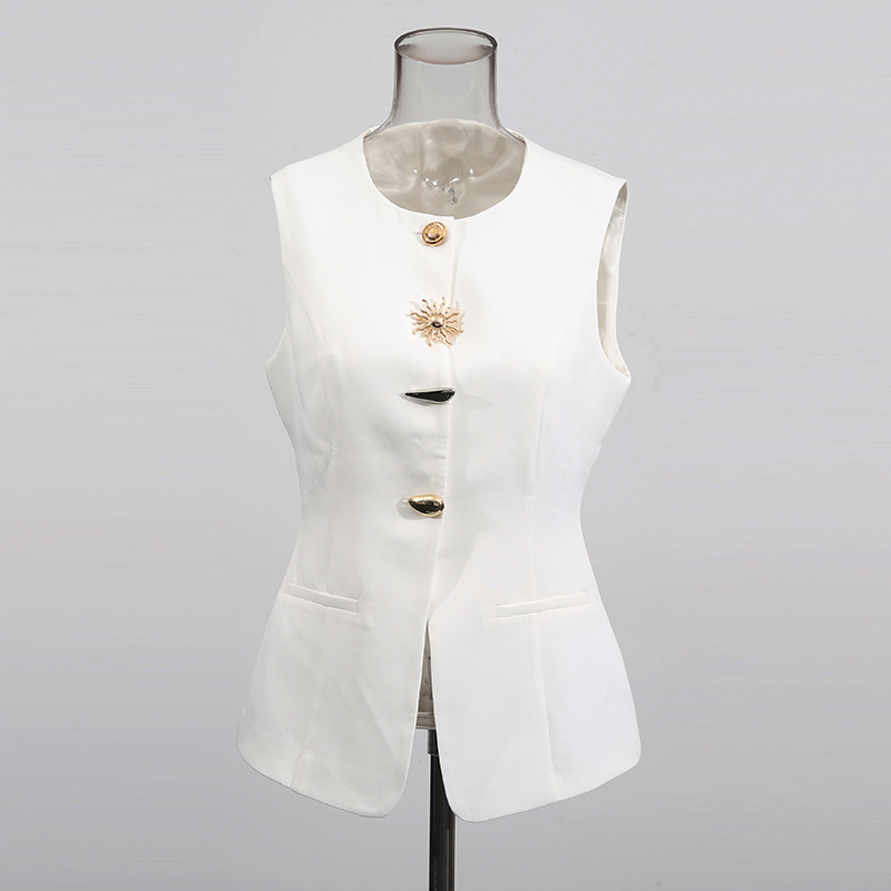 Women Formal Wear Vest - Gilet blanc à col rond, bouton