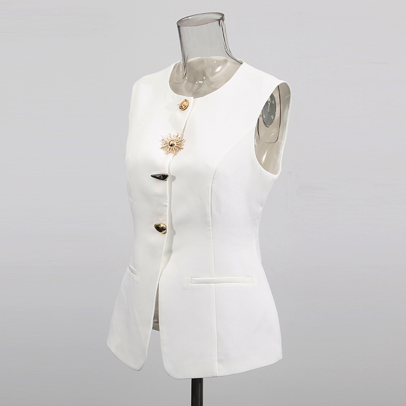Gilet blanc à col rond, bouton - Women Formal Wear Vest avis et prix